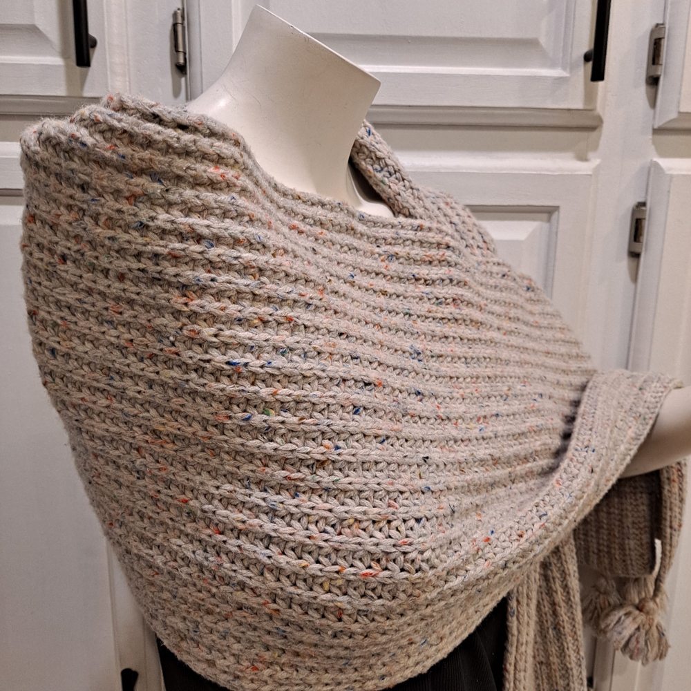 J. Crew Oatmeal Multicolor Speckled Ribbed Knit Wool Scarf With Pompoms - Picture 5 of 6